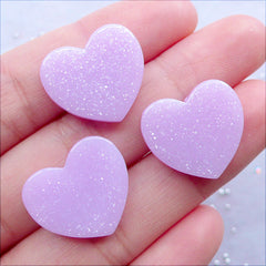 Pastel Heart Cabochons with Shimmer Glitter | Glittery Resin Cabochon | Kawaii Heart Flatback | Fairykei Decoden Pieces | Hairbow Centers | Pastel Kei Jewelry Making | Card Making (3pcs / Pastel Purple / 19mm x 17mm / Flat Back)