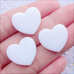 Pastel Kei Heart Cabochons with Glitter | Shimmer Resin Cabochon | Kawaii Glittery Cabochon | Decoden Heart Flatback | Fairy Kei Phone Case Deco | Scrapbooking Supplies (3pcs / White / 19mm x 17mm / Flat Back)