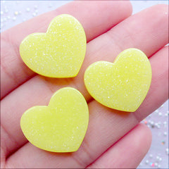 Shimmer Heart Cabochons with Glitter | Pastel Kei Decoden Phone Case | Kawaii Cabochon | Resin Flatback | Glittery Embellishments | DIY Fairy Kei Jewelry (3pcs / Pastel Yellow / 19mm x 17mm / Flat Back)