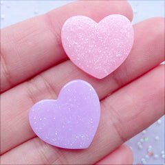 Glittery Heart Cabochons | Shimmer Pastel Cabochon with Glitter | Kawaii Decoden Supplies | Resin Embellishments | Glittery Pastel Fairy Kei Jewelry DIY (5pcs / Assorted Colors / 19mm x 17mm / Flat Back)