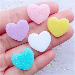 Glittery Heart Cabochons | Shimmer Pastel Cabochon with Glitter | Kawaii Decoden Supplies | Resin Embellishments | Glittery Pastel Fairy Kei Jewelry DIY (5pcs / Assorted Colors / 19mm x 17mm / Flat Back)