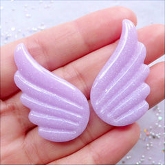 Pegasus Wings Cabochon with Glitter | Glittery Unicorn Wing Cabochons | Pastel Fairy Kei Jewelry Making | Fairytale Scrapbook | Kawaii Decoden Crafts | Phone Case Decoration Pieces | Resin Embellishments (2pcs / Pastel Purple / 22mm x 38mm / Flat Back)