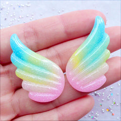 Pastel Unicorn Wings Cabochons in Rainbow Gradient Color | Shimmer Pegasus Wings Cabochon with Glitter | Kawaii Cabochon | Magical Girl Phone Case | Glittery Pastel Fairy Kei Cabochon | Fairy Tale Resin Pieces (2pcs / Pink Yellow Blue / 22mm x 38mm)