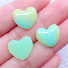 Glitter Gradient Heart Cabochons | Kawaii Pastel Cabochon | Shimmer Decoden Cabochon | Glittery Resin Pieces | Fairy Kei Decoration | Love Embellishments (3pcs / Yellow Green Blue / 14mm x 13mm / Flat Back)