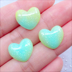 Glitter Gradient Heart Cabochons | Kawaii Pastel Cabochon | Shimmer Decoden Cabochon | Glittery Resin Pieces | Fairy Kei Decoration | Love Embellishments (3pcs / Yellow Green Blue / 14mm x 13mm / Flat Back)