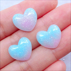 Gradient Glitter Rainbow Heart Cabochons | Kawaii Cabochon in Pastel Galaxy Color | Glittery Decoden Pieces | Shimmer Resin Cabochon | Fairy Kei Phone Case Deco | Hair Bow Centers (3pcs / Pink Purple Blue / 14mm x 13mm / Flat Back)
