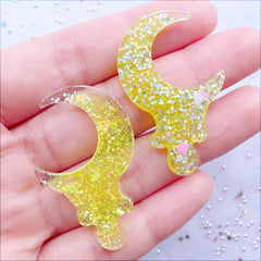 CLEARANCE Glitter Drippy Moon Cabochon with Heart Confetti | Crescent Moon Flatback | Kawaii Melty Moon Cabochon | Glittery Resin Pieces | Magical Girl Decoden Phone Case (2pcs / Yellow / 26mm x 40mm / Flat Back)