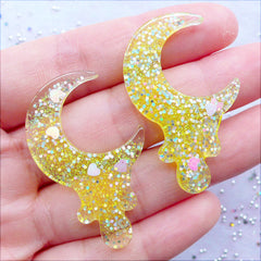 CLEARANCE Glitter Drippy Moon Cabochon with Heart Confetti | Crescent Moon Flatback | Kawaii Melty Moon Cabochon | Glittery Resin Pieces | Magical Girl Decoden Phone Case (2pcs / Yellow / 26mm x 40mm / Flat Back)