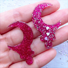 Drippy Moon Cabochons with Heart Confetti | Kawaii Crafts | Crescent Moon Cabochon | Melty Moon Flatback with Glitter | Glittery Decoden Pieces | Magical Girl Jewelry Making | Cell Phone Deco (2pcs / Magenta / 26mm x 40mm / Flat Back)