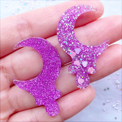 Drippy Crescent Moon Cabochons with Heart Confetti and Glitter | Kawaii Magical Girl Jewellery DIY | Glittery Melty Moon Cabochon | Resin Flatback | Decoden Cabochon Supplies | Phone Decoration (2pcs / Purple / 26mm x 40mm / Flat Back)