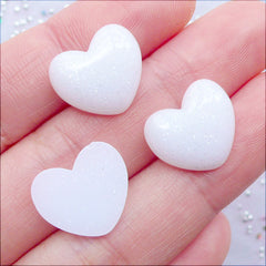 Small Heart Cabochons with Glitter | Shimmer Heart Resin Flatback | Kawaii Decoden Supplies | Glittery Cabochons | Puffy Heart Embellishments | Phone Decoration (3pcs / White / 15mm x 13mm / Flat Back)