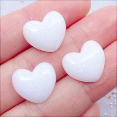 Small Heart Cabochons with Glitter | Shimmer Heart Resin Flatback | Kawaii Decoden Supplies | Glittery Cabochons | Puffy Heart Embellishments | Phone Decoration (3pcs / White / 15mm x 13mm / Flat Back)