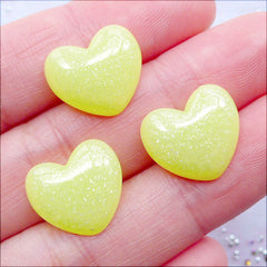 Little Puffy Heart Cabochons with Shimmer Glitter | Glittery Heart Flatback | Kawaii Resin Pieces | Decoden Cabochons | Scrapbook Embellishments | Cell Phone Deco (3pcs / Pastel Yellow / 15mm x 13mm / Flat Back)