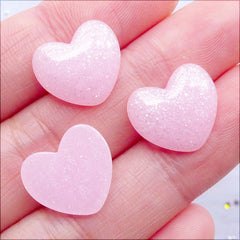 Mini Heart Cabochons | Pastel Kei Decoden Pieces | Glittery Kawaii Cabochon | Glitter Heart Flatback | Shimmer Resin Cabochon | Scrapbooking | Phone Case Deco  (3pcs / Pink / 15mm x 13mm / Flat Back)