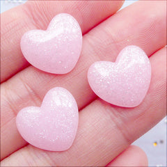 Mini Heart Cabochons | Pastel Kei Decoden Pieces | Glittery Kawaii Cabochon | Glitter Heart Flatback | Shimmer Resin Cabochon | Scrapbooking | Phone Case Deco  (3pcs / Pink / 15mm x 13mm / Flat Back)