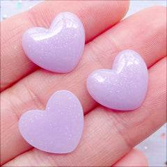 Pastel Heart Cabochons with Glitter | Fairy Kei Decoden Phone Case | Glittery Resin Cabochon | Kawaii Heart Flatback | Card Making (3pcs / Purple / 15mm x 13mm / Flat Back)