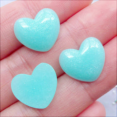 Fairy Kei Heart Cabochons with Glitter | Kawaii Phone Case | Pastel Kei Decoden | Glittery Puffy Hearts | Shimmer Resin Hair Bow Center | Wedding Decoration (3pcs / Pastel Blue / 15mm x 13mm / Flat Back)