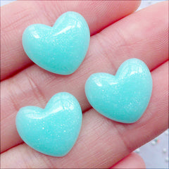 Fairy Kei Heart Cabochons with Glitter | Kawaii Phone Case | Pastel Kei Decoden | Glittery Puffy Hearts | Shimmer Resin Hair Bow Center | Wedding Decoration (3pcs / Pastel Blue / 15mm x 13mm / Flat Back)