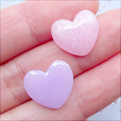 Pastel Puffy Heart Cabochons with Glitter | Fairy Kei Jewellery Making | Kawaii Crafts | Glittery Decoden Cabochon | Resin Hearts | Hairbow Centers (5pcs / Assorted Colorful Mix / 15mm x 13mm / Flat Back)