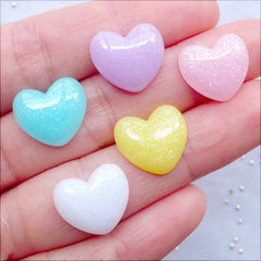 Pastel Puffy Heart Cabochons with Glitter | Fairy Kei Jewellery Making | Kawaii Crafts | Glittery Decoden Cabochon | Resin Hearts | Hairbow Centers (5pcs / Assorted Colorful Mix / 15mm x 13mm / Flat Back)