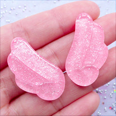 Shimmer Angel Wing Cabochons with Glitter | Pastel Angel Wings Resin Cabochon | Kawaii Phone Case | Glittery Decoden Pieces | Magical Girl Jewellery Making (2 pcs / Pink / 18mm x 32mm / Flat Back)