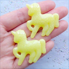 Glittery Unicorn Cabochons | Glitter Resin Flatback | Kawaii Jewelry Making | Fairytale Decoden | Fairy Kei Phone Decoration | Party Supplies (2 pcs / Pastel Yellow / 37mm x 38mm / Flat Back)