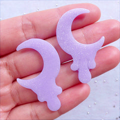 Melty Crescent Moon Cabochons with Glitter | Glittery Drippy Moon Flatback | Kawaii Resin Cabochons | Decoden Supplies | Pastel Fairy Kei Phone Case Decoration (2 pcs / Pastel Purple / 26mm x 40mm / Flat Back)
