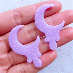 Melty Crescent Moon Cabochons with Glitter | Glittery Drippy Moon Flatback | Kawaii Resin Cabochons | Decoden Supplies | Pastel Fairy Kei Phone Case Decoration (2 pcs / Pastel Purple / 26mm x 40mm / Flat Back)