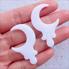 Glittery Drippy Crescent Moon Cabochons | Kawaii Melty Moon Cabochon with Glitter | Shimmer Decoden Cabochons | Resin Flatback | Magical Girl Cell Phone Deco | Fairy Kei Jewelry DIY (2 pcs / White / 26mm x 40mm / Flat Back)