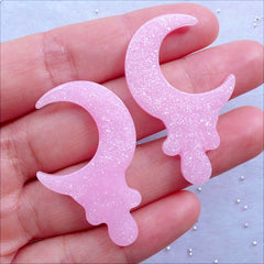 Drippy Moon Cabochons with Glitter | Shimmer Melty Crescent Moon Flatback | Kawaii Crafts | Glittery Magical Girl Cabochon | Resin Decoden Pieces | Pastel Fairy Kei Jewellery DIY (2 pcs / Pastel Pink / 26mm x 40mm / Flat Back)