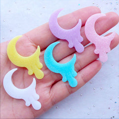 Kawaii Pastel Moon Cabochons with Shimmer Glitter | Mahou Kei Resin Cabochon | Drippy Moon Cabochon | Melty Crescent Moon Flatback | Glittery Decoden Pieces | Magical Girl Phone Case (5pcs / Assorted Colorful Mix / 26mm x 40mm / Flat Back)