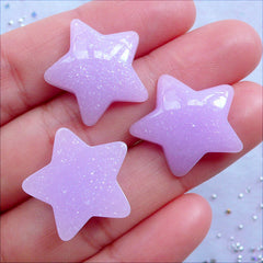 Pastel Star Cabochons with Glitter | Kawaii Puffy Star Flatback | Glittery Decoden Cabochon | Resin Pieces | Hairbow Centers | Pastel Fairy Kei Phone Decoration (3pcs / Purple / 20mm x 20mm / Flat Back)