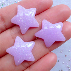 Pastel Star Cabochons with Glitter | Kawaii Puffy Star Flatback | Glittery Decoden Cabochon | Resin Pieces | Hairbow Centers | Pastel Fairy Kei Phone Decoration (3pcs / Purple / 20mm x 20mm / Flat Back)