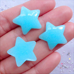 Pastel Fairy Kei Cabochons with Glitter | Glittery Puffy Star Cabochon | Resin Cabochon | Kawaii Decoden Supplies | Mahou Kei Jewellery DIY | Scrapbook Embellishments (3pcs / Pastel Blue / 20mm x 20mm / Flat Back)