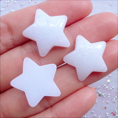 Glittery Puffy Star Cabochons | Shimmer Star Flatback | Glitter Resin Pieces | Kawaii Crafts | Fairy Kei Decoden | Scrapbooking Supplies (3pcs / White / 20mm x 20mm / Flat Back)