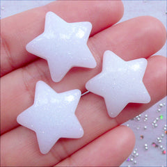 Glittery Puffy Star Cabochons | Shimmer Star Flatback | Glitter Resin Pieces | Kawaii Crafts | Fairy Kei Decoden | Scrapbooking Supplies (3pcs / White / 20mm x 20mm / Flat Back)