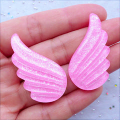 Magical Girl Cabochons | Kawaii Unicorn Wing Cabochons with Glitter | Shimmer Pegasus Wings Cabochon | Resin Flatback | Fairy Kei Decoden Pieces | Cell Phone Deco (2pcs / Pink / 22mm x 38mm / Flat Back)