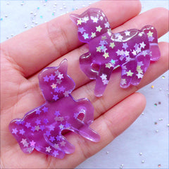 Unicorn Resin Cabochons with Star Confetti | Kawaii Fairy Kei Cabochon | Mahou Kei Decoden Pieces | Magical Girl Jewellery DIY | Phone Case Decoration (2pcs / Transparent Purple / 36mm x 38mm / Flat Back)