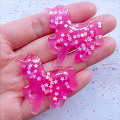 CLEARANCE Star Confetti Unicorn Cabochons | Kawaii Resin Cabochon | Fairykei Decoden Phone Case | Magical Girl Planner Decoration | Dreamy Mahou Kei Deco (2pcs / Transparent Magenta / 36mm x 38mm / Flat Back)