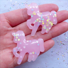 Magical Unicorn Cabochons with Star Confetti Glitter | Kawaii Embellishments | Fantasy Animal Cabochon | Magical Girl Decoden Cabochon | Mahou Kei Planner Deco | Pastel Fairy Kei Jewelry Making Supplies (2pcs / Translucent Pink / 36mm x 38mm / Flat Back)