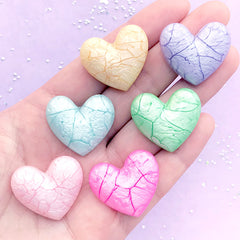 Assorted Puffy Heart Cabochon with Cracked Pattern | Marble Heart Embellishment | Kawaii Phone Case Decoden (6 pcs / Mix / 27mm x 24mm)