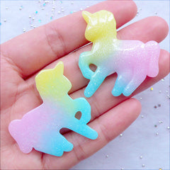 CLEARANCE Pastel Gradient Unicorn Cabochons with Glitter | Shimmer Unicorn Flatback in Glittery Rainbow Galaxy Color | Mahou Kei Decoden Phone Case | Resin Cabochon | Kawaii Magical Girl | Fairy Kei Deco (2pcs / Pink Blue Yellow / 36mm x 37mm / Flat Back)