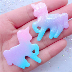 Pastel Galaxy Unicorn Cabochons with Shimmer Glitter | Glittery Unicorn Flatback in Rainbow Gradient Color | Mahou Kei Supplies | Magical Girl Deco | Fairy Kei Decoden Cabochon | Kawaii Resin Pieces (2pcs / Purple Pink Blue / 36mm x 37mm / Flat Back)
