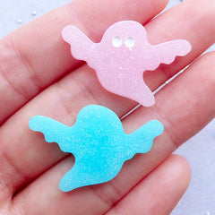 Halloween Ghost Cabochon with Glitter | Glittery Halloween Cabochons in Pastel Color | Halloween Decoden Supplies | Sweet Gothic Jewelry DIY | Shimmer Resin Cabochon | Kawaii Phone Case | Party Table Decoration (5pcs / Assorted / 29mm x 19mm / Flat Back)