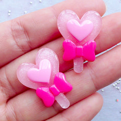 Heart Wand Cabochons | Magic Stick Cabochon | Power Rod with Bow Cabochon | Magical Girl Decoden | Kawaii Resin Pieces | Hair Bow Centers | Scrapbook Embellishments (2pcs / Pink / 20mm x 27mm / Flat Back)