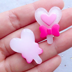 Magic Wand Cabochons in Heart Shape | Magical Stick with Bow Cabochon | Transformation Power Rod Cabochon | Magic Girl Decoration | Kawaii Decoden Pieces | Hairbow Centers | Resin Embellishments (2pcs / White / 20mm x 27mm / Flat Back)