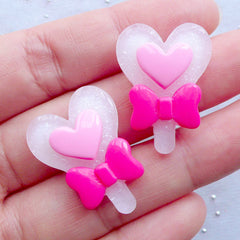 Magic Wand Cabochons in Heart Shape | Magical Stick with Bow Cabochon | Transformation Power Rod Cabochon | Magic Girl Decoration | Kawaii Decoden Pieces | Hairbow Centers | Resin Embellishments (2pcs / White / 20mm x 27mm / Flat Back)
