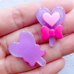 Magical Wand with Bow Cabochons | Heart Magic Rod Cabochon | Transformation Power Stick Cabochon | Kawaii Phone Case Deco | Decoden Supplies | Resin Flatback | Fairy Kei Jewelry DIY (2pcs / Purple / 20mm x 27mm / Flat Back)