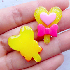 CLEARANCE Kawaii Resin Cabochons | Heart Magic Wand Cabochons | Fairy Tale Cabochon | Heart Lollipop with Bow Cabochon | Decoden Phone Case | Magical Girl Jewelry Making (2pcs / Yellow / 20mm x 27mm / Flat Back)