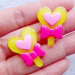 CLEARANCE Kawaii Resin Cabochons | Heart Magic Wand Cabochons | Fairy Tale Cabochon | Heart Lollipop with Bow Cabochon | Decoden Phone Case | Magical Girl Jewelry Making (2pcs / Yellow / 20mm x 27mm / Flat Back)